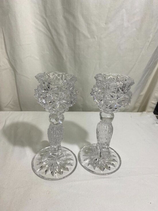 Vintage Cut Glass Candle Holders | PIPS TRIP Vintage Pressed Cut Glass Bird Candle Holders Pair Clear Crystal Look 7” Tall